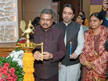 lighting the lamp at the launch of PM e-VIDYA DTH CHANNEL 31 for Indian Sign Language (ISL) at Rang Bhawan