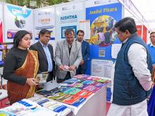 The Union Minister of State for Education visits an exhibition during the Bharatiya Bhasha Utsav celebrations