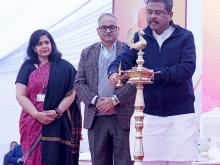 Shri Dharmendra Pradhan lighting the lamp at the launch of various initiatives of NCERT